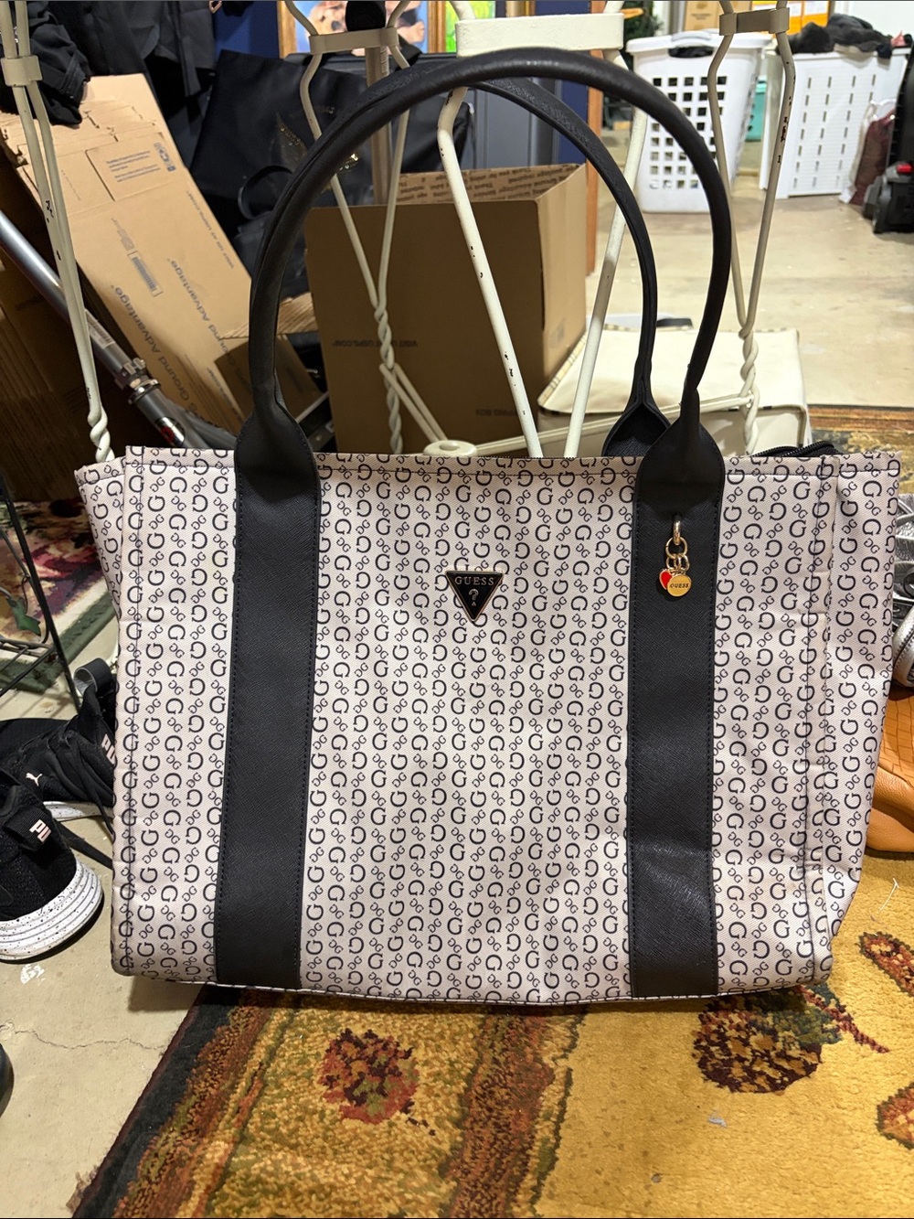 Guess Black and White Signature Logo Tote with Heart Charm
